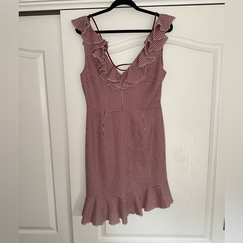 Wayf Red Gingham Ruffle Mini Dress
